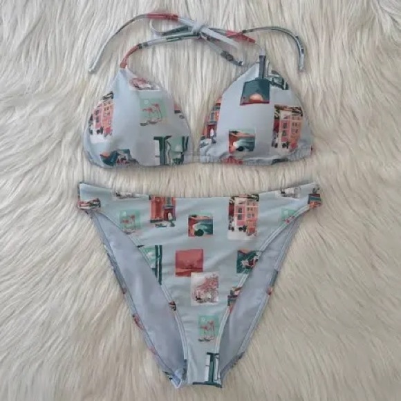 Abercrombie & Fitch Light Blue Photo-Print Triangle Bikini XS top S bottom - Picture 5 of 5